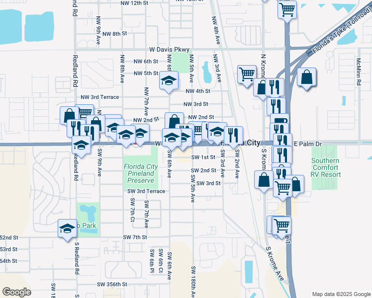 map of restaurants, bars, coffee shops, grocery stores, and more near 521 West Palm Drive in Homestead