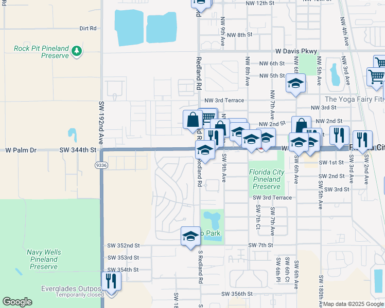 map of restaurants, bars, coffee shops, grocery stores, and more near 18749 Southwest 344th Terrace in Homestead