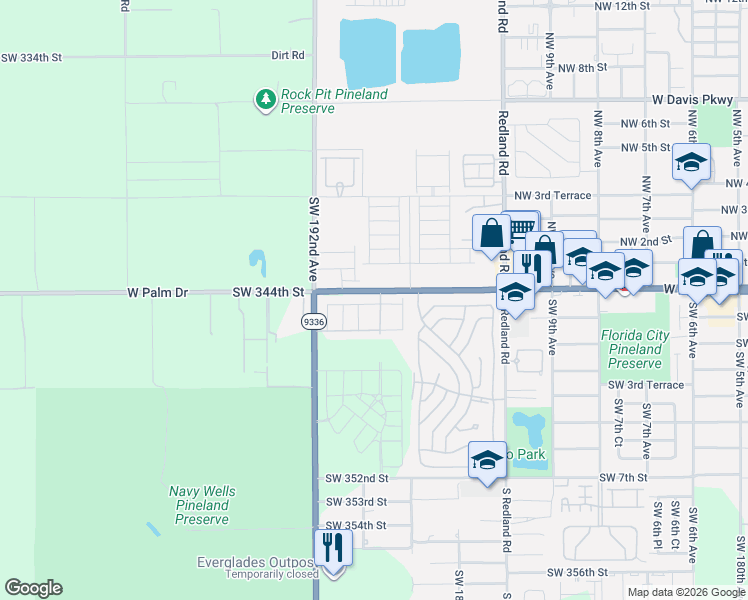 map of restaurants, bars, coffee shops, grocery stores, and more near Southwest 344th Street in Florida City