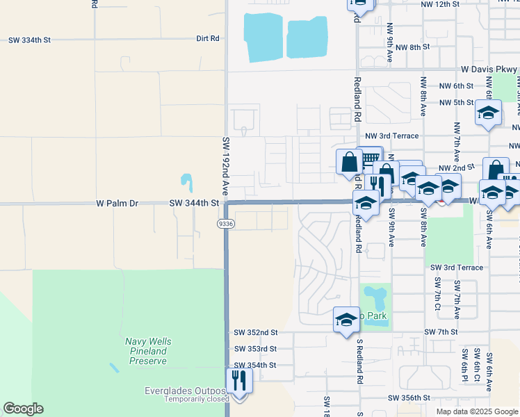 map of restaurants, bars, coffee shops, grocery stores, and more near Southwest 344th Street in Florida City