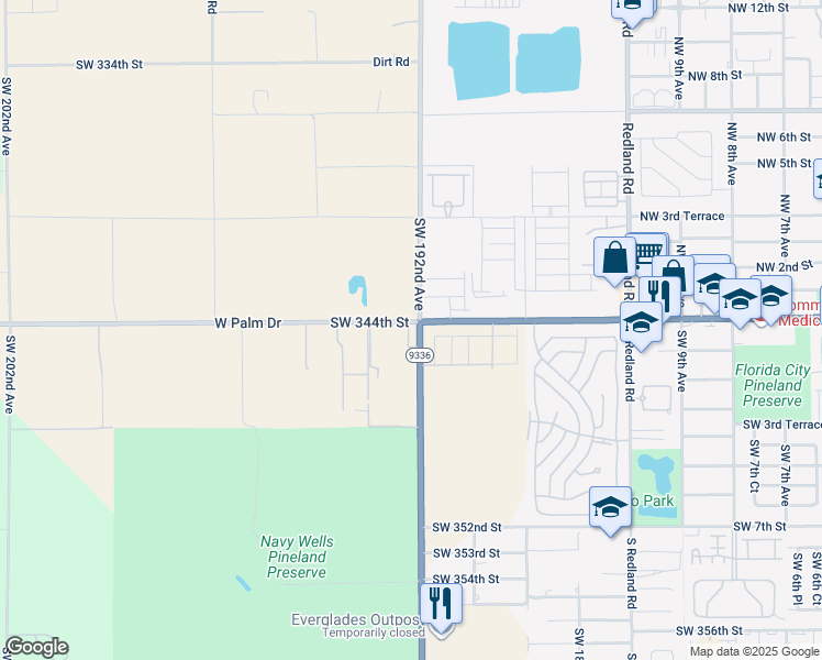 map of restaurants, bars, coffee shops, grocery stores, and more near 416 Tower Road in Homestead