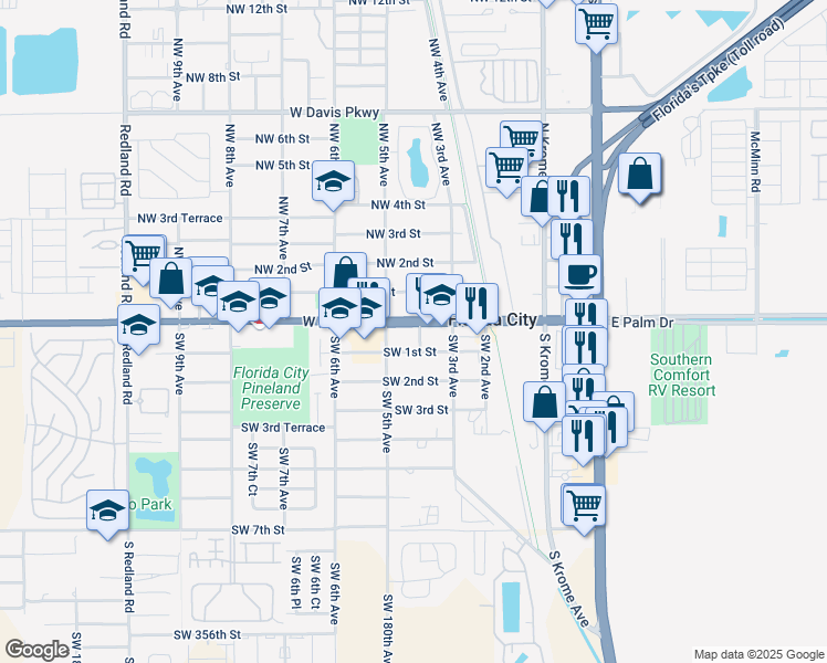 map of restaurants, bars, coffee shops, grocery stores, and more near 401 West Palm Drive in Homestead