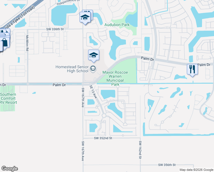 map of restaurants, bars, coffee shops, grocery stores, and more near 1425 Southeast 24th Court in Homestead