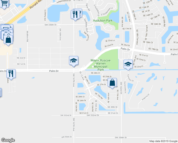 map of restaurants, bars, coffee shops, grocery stores, and more near 1350 Southeast 24th Street in Homestead