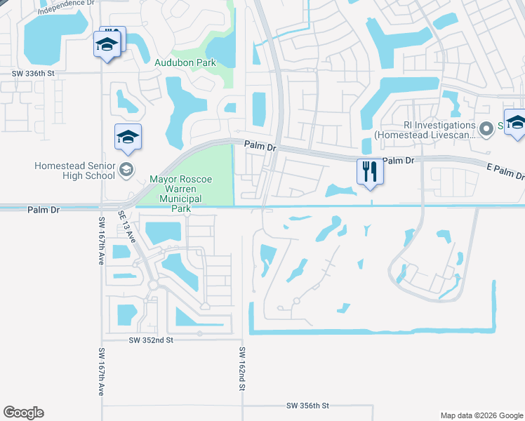 map of restaurants, bars, coffee shops, grocery stores, and more near 2410 Fairways Drive in Homestead