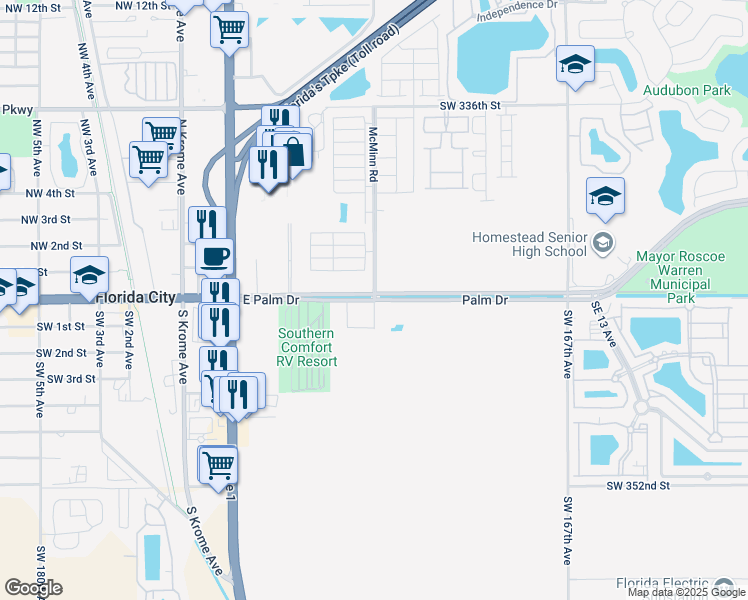 map of restaurants, bars, coffee shops, grocery stores, and more near Southwest 344th Street in Florida City