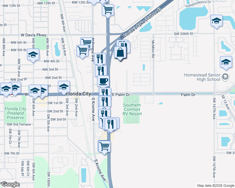 map of restaurants, bars, coffee shops, grocery stores, and more near 355 East Palm Drive in Florida City