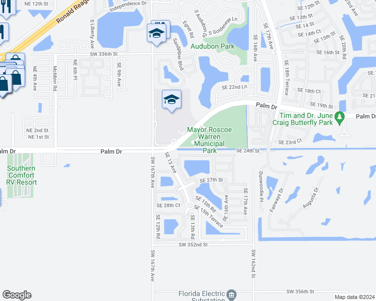 map of restaurants, bars, coffee shops, grocery stores, and more near 2452 Southeast 14th Avenue in Homestead