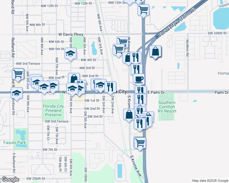 map of restaurants, bars, coffee shops, grocery stores, and more near in Florida City