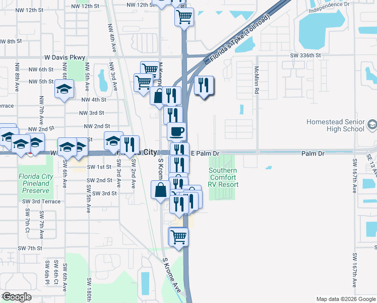 map of restaurants, bars, coffee shops, grocery stores, and more near 11 South Dixie Highway in Florida City