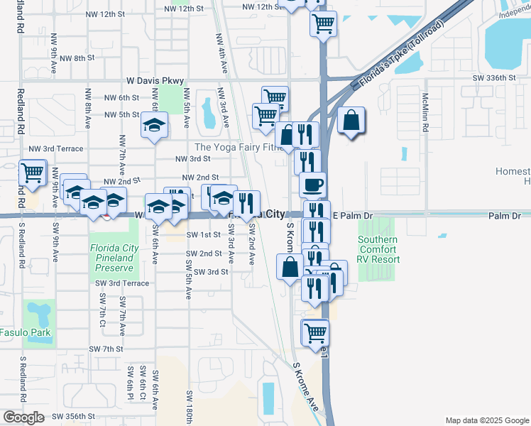 map of restaurants, bars, coffee shops, grocery stores, and more near 75 West Palm Drive in Florida City