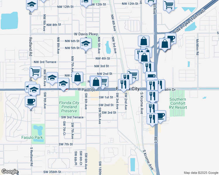 map of restaurants, bars, coffee shops, grocery stores, and more near 401 West Palm Drive in Homestead