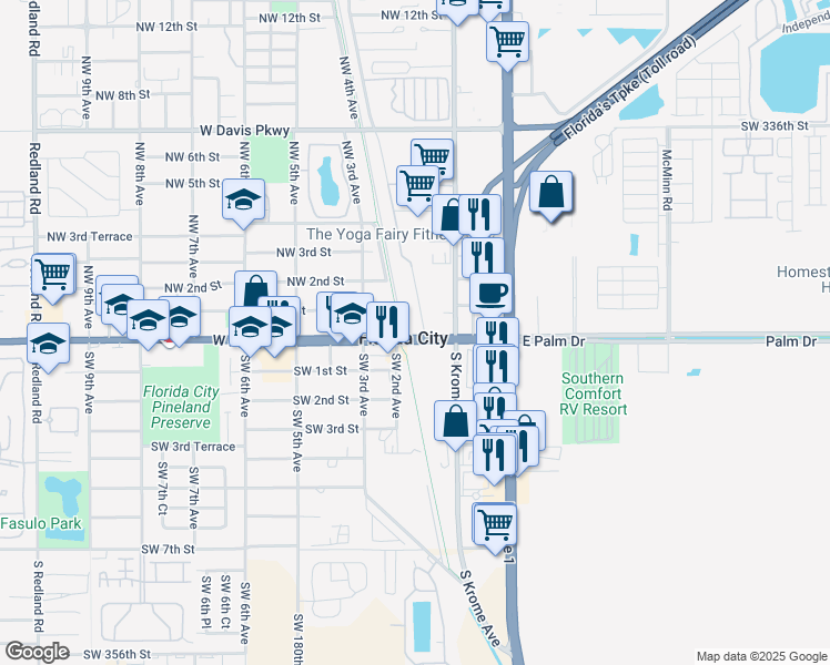 map of restaurants, bars, coffee shops, grocery stores, and more near in Florida City