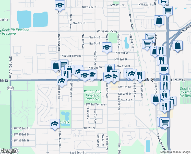 map of restaurants, bars, coffee shops, grocery stores, and more near 42 Northwest 7th Avenue in Homestead