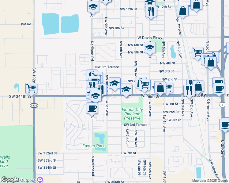 map of restaurants, bars, coffee shops, grocery stores, and more near 853 Northwest 1st Street in Florida City