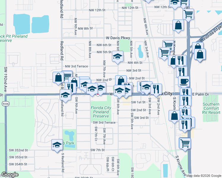 map of restaurants, bars, coffee shops, grocery stores, and more near 690 Northwest 1st Street in Florida City