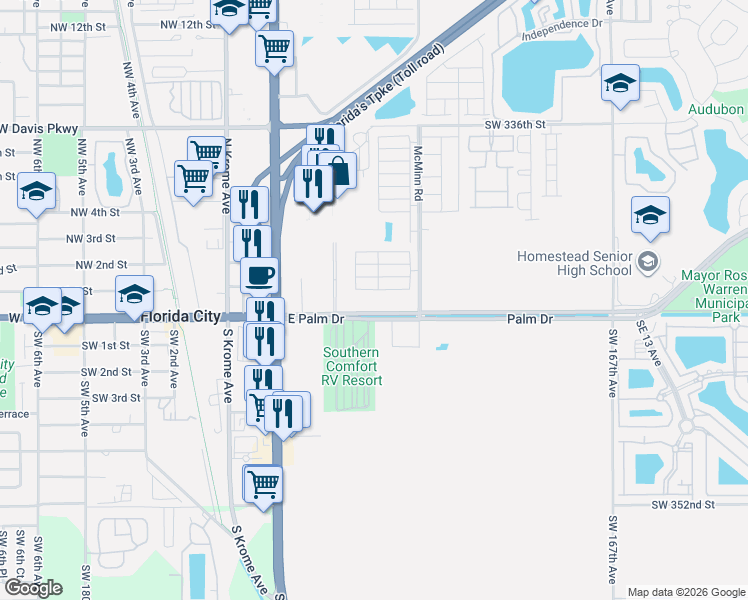 map of restaurants, bars, coffee shops, grocery stores, and more near 106 Northeast 2nd Terrace in Florida City