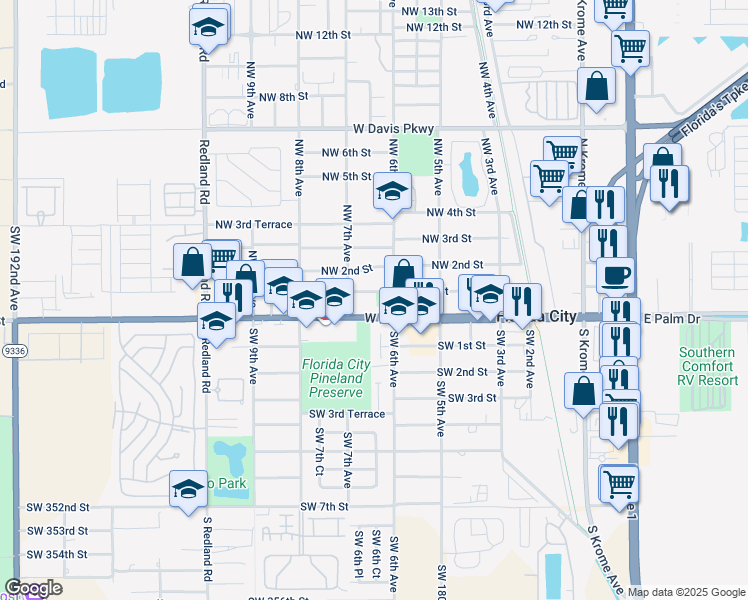 map of restaurants, bars, coffee shops, grocery stores, and more near 122 Northwest 6th Avenue in Homestead