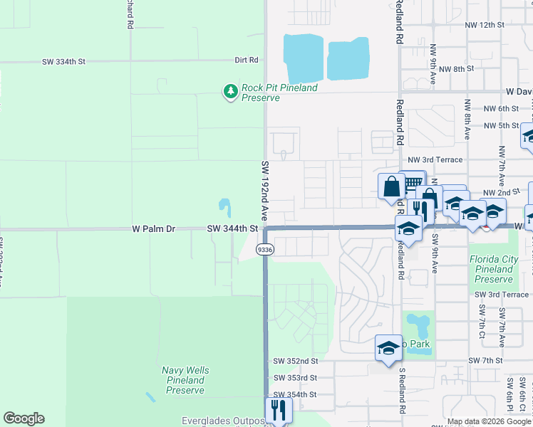 map of restaurants, bars, coffee shops, grocery stores, and more near 34250 Southwest 192nd Avenue in Homestead