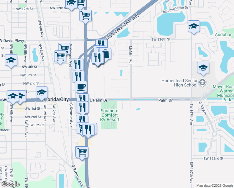 map of restaurants, bars, coffee shops, grocery stores, and more near 106 Northeast 2nd Terrace in Florida City