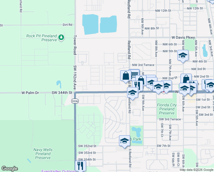 map of restaurants, bars, coffee shops, grocery stores, and more near 1100 West Palm Drive in Homestead