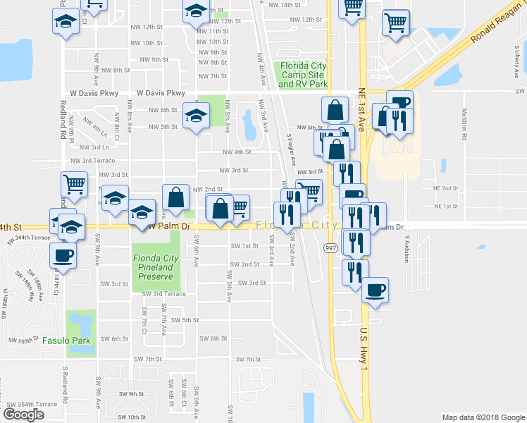 map of restaurants, bars, coffee shops, grocery stores, and more near 321 Northwest 1st Street in Homestead