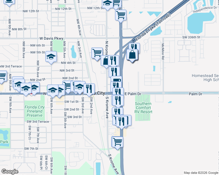 map of restaurants, bars, coffee shops, grocery stores, and more near 52 East Palm Drive in Homestead