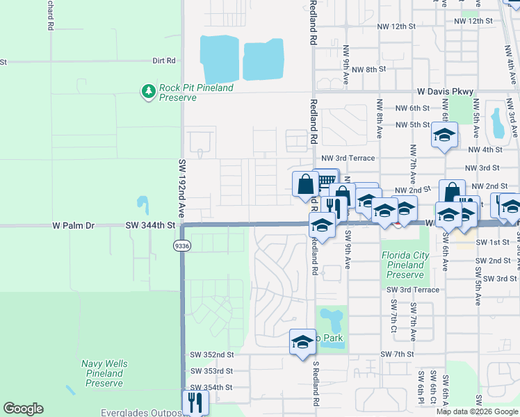 map of restaurants, bars, coffee shops, grocery stores, and more near 1100 West Palm Drive in Homestead