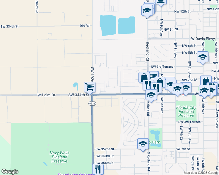 map of restaurants, bars, coffee shops, grocery stores, and more near 1100 West Palm Drive in Florida City