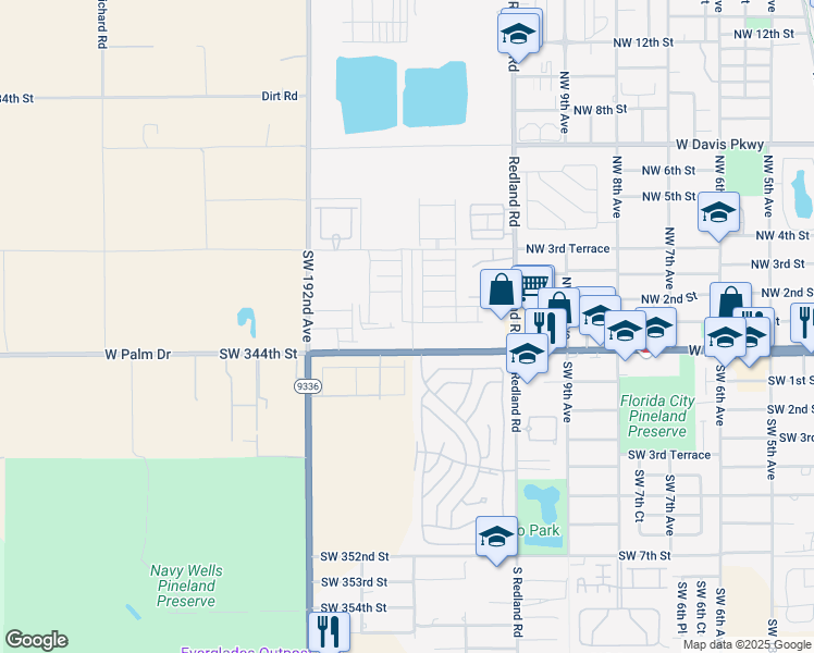 map of restaurants, bars, coffee shops, grocery stores, and more near 1100 West Palm Drive in Homestead