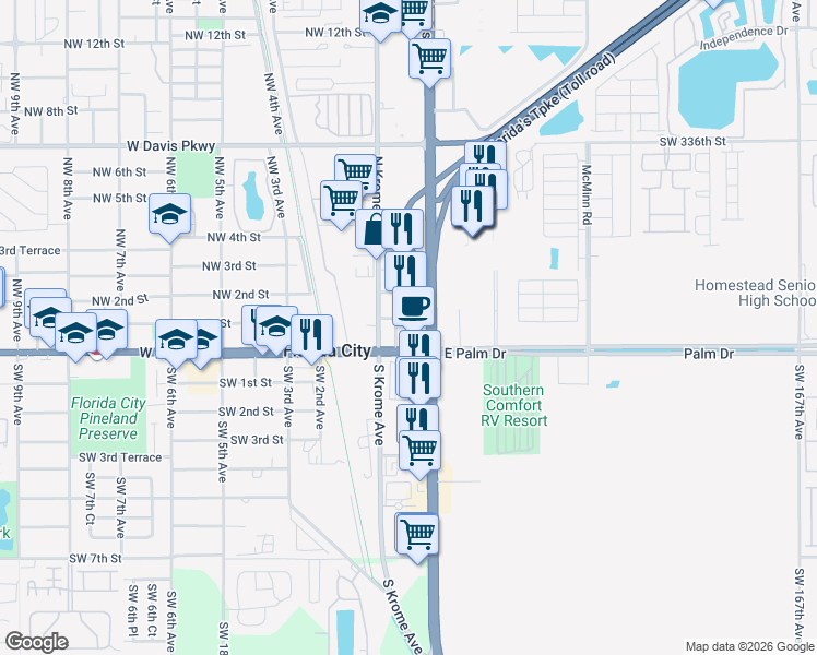 map of restaurants, bars, coffee shops, grocery stores, and more near 52 East Palm Drive in Homestead