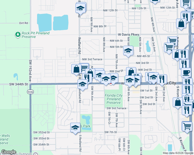 map of restaurants, bars, coffee shops, grocery stores, and more near 853 Northwest 1st Street in Florida City