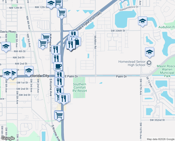 map of restaurants, bars, coffee shops, grocery stores, and more near 106 Northeast 2nd Terrace in Florida City