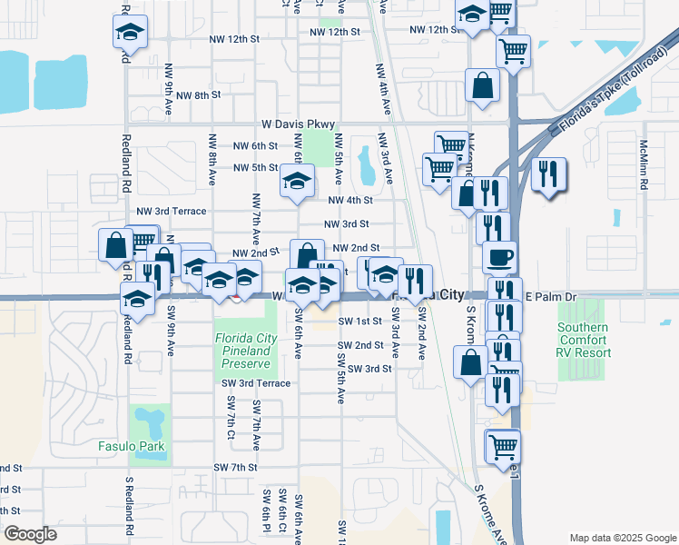 map of restaurants, bars, coffee shops, grocery stores, and more near 528 Northwest 1st Street in Florida City