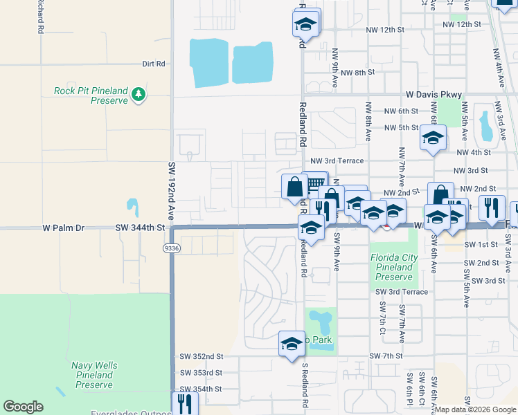 map of restaurants, bars, coffee shops, grocery stores, and more near 1156 Northwest 1st Street in Florida City