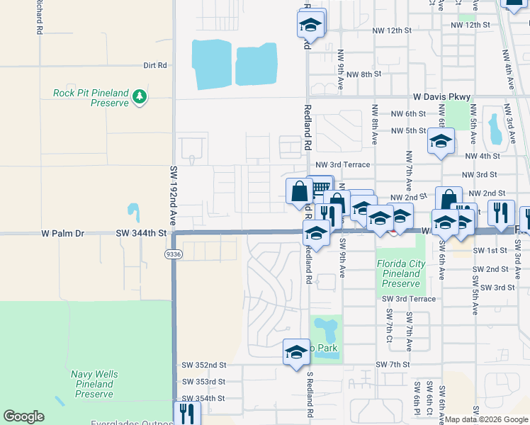 map of restaurants, bars, coffee shops, grocery stores, and more near 1100 West Palm Drive in Homestead