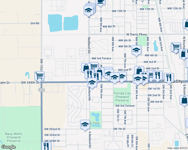 map of restaurants, bars, coffee shops, grocery stores, and more near 139 Redland Road in Homestead