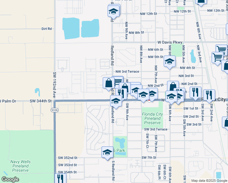 map of restaurants, bars, coffee shops, grocery stores, and more near 139 Redland Road in Homestead