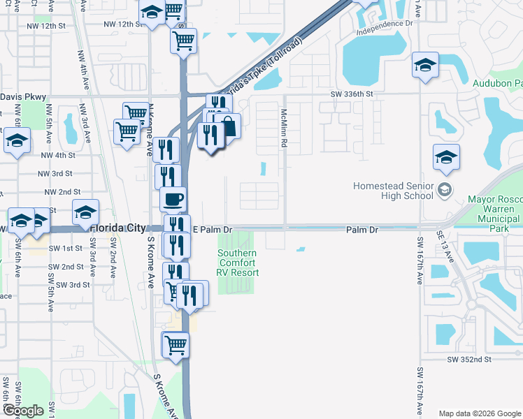 map of restaurants, bars, coffee shops, grocery stores, and more near 106 Northeast 2nd Terrace in Florida City