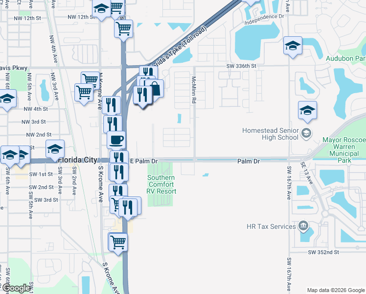 map of restaurants, bars, coffee shops, grocery stores, and more near 106 Northeast 2nd Terrace in Florida City