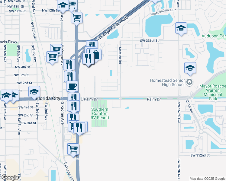 map of restaurants, bars, coffee shops, grocery stores, and more near 106 Northeast 2nd Terrace in Florida City