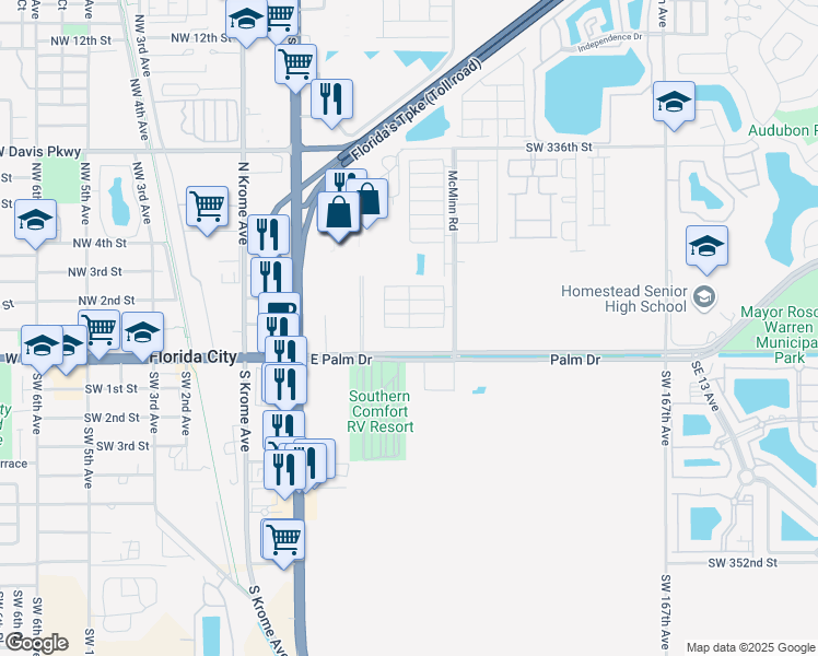 map of restaurants, bars, coffee shops, grocery stores, and more near Northeast 1st Street in Florida City