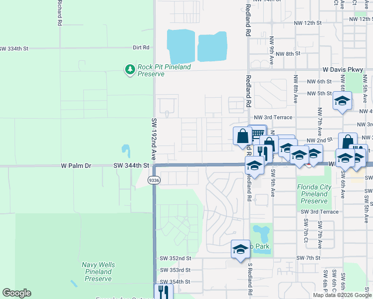 map of restaurants, bars, coffee shops, grocery stores, and more near 1100 West Palm Drive in Florida City