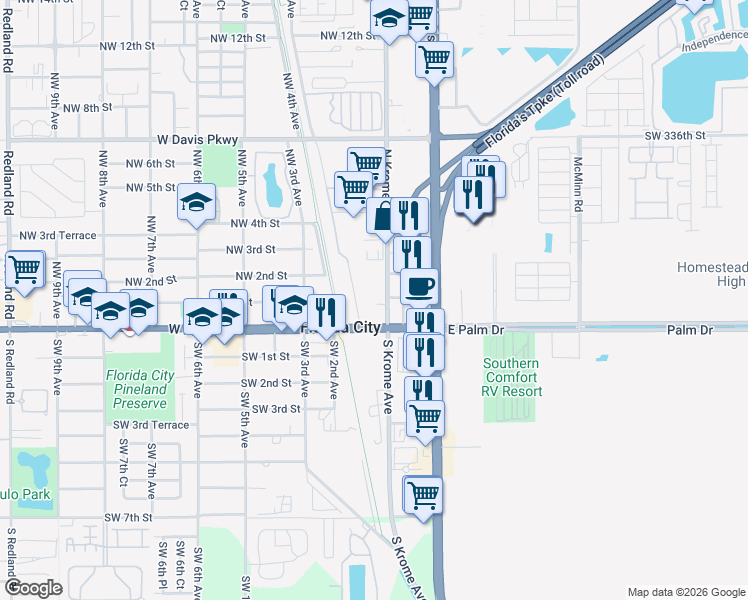 map of restaurants, bars, coffee shops, grocery stores, and more near 101 Northwest 1st Street in Homestead