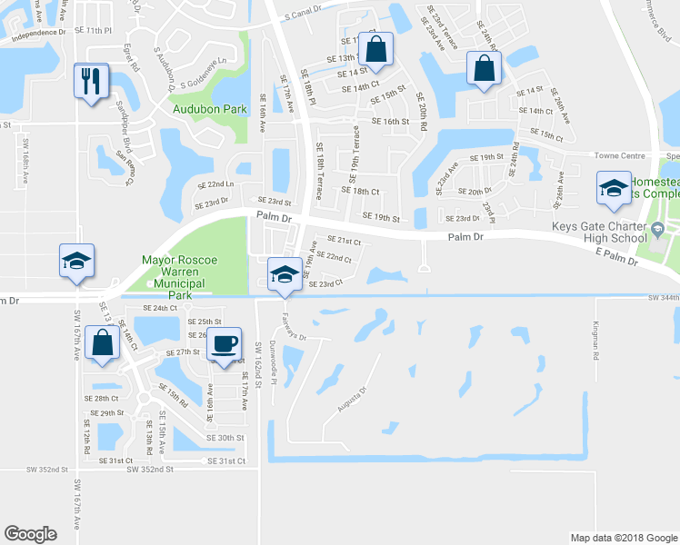 map of restaurants, bars, coffee shops, grocery stores, and more near 1967 Southeast 22nd Drive in Homestead