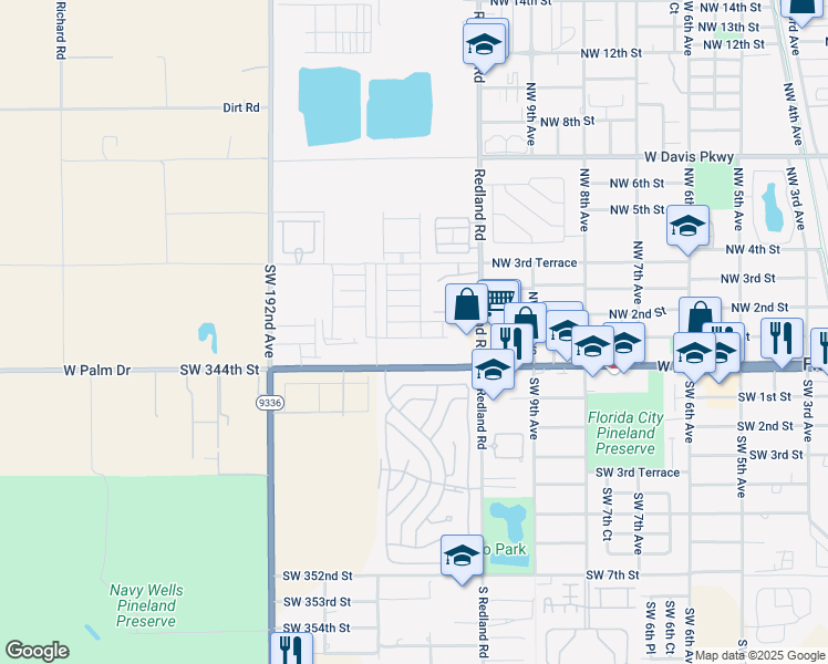 map of restaurants, bars, coffee shops, grocery stores, and more near 1100 West Palm Drive in Homestead