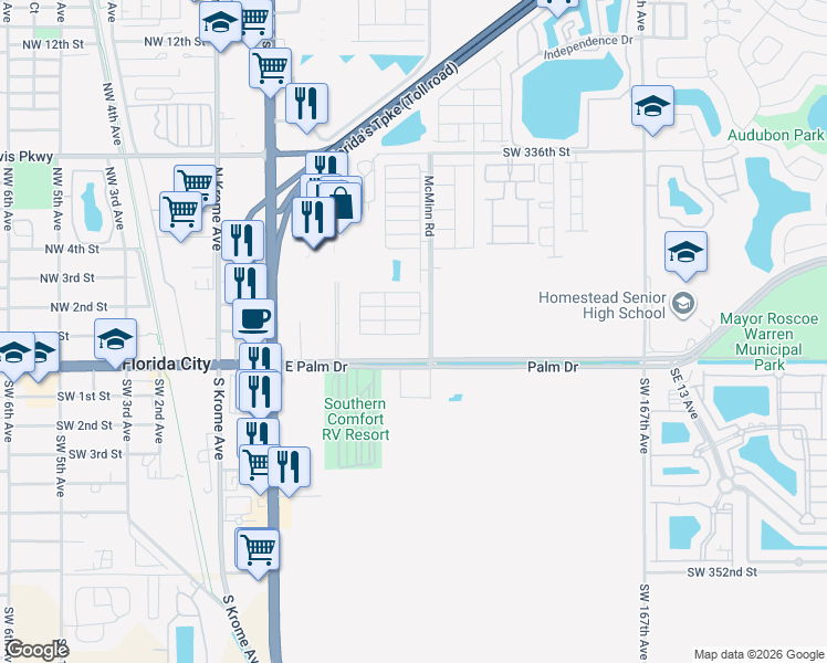 map of restaurants, bars, coffee shops, grocery stores, and more near 400 Southwest 172nd Avenue in Florida City