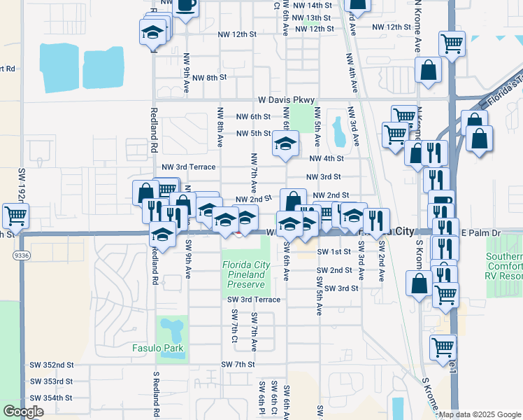 map of restaurants, bars, coffee shops, grocery stores, and more near 690 Northwest 1st Street in Florida City