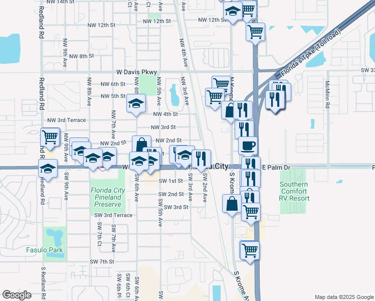 map of restaurants, bars, coffee shops, grocery stores, and more near 310 Northwest 1st Street in Homestead