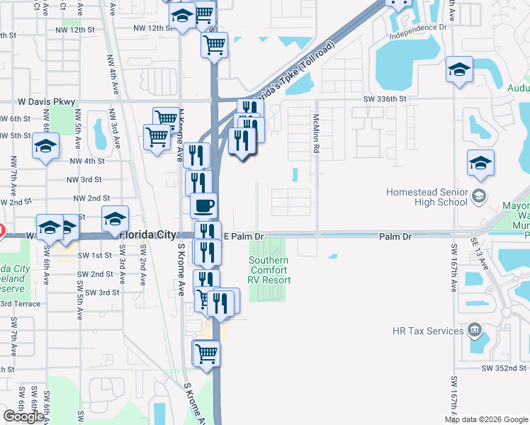 map of restaurants, bars, coffee shops, grocery stores, and more near Northeast 1st Street in Florida City